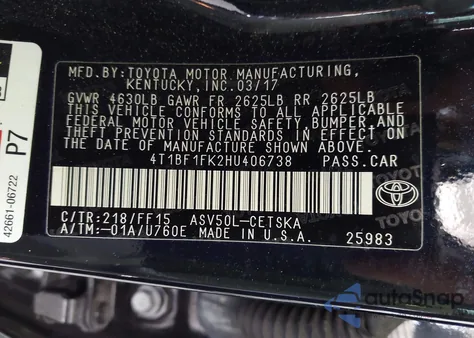 2017 Toyota Camry Se from USA, damaged, VIN 4T1BF1FK2HU406738